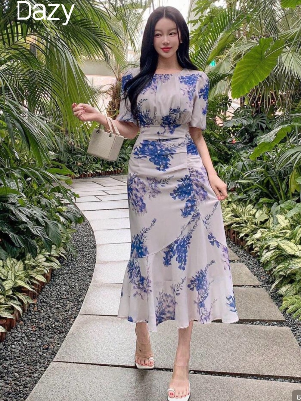 SHEIN White Midi Dress with Blue Floral Print